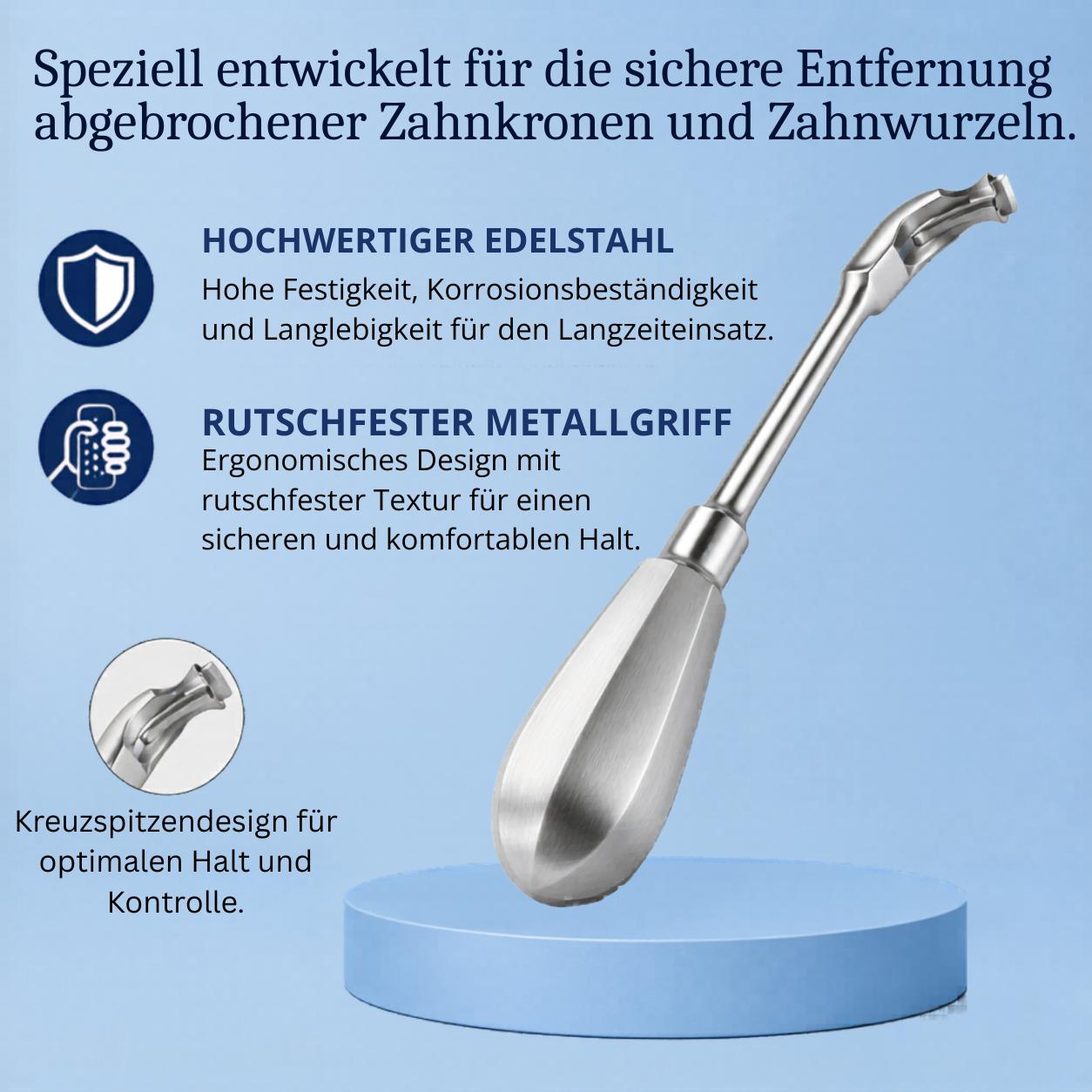 [locale:de] Dentaler Kronen- und Wurzelextraktor: Edelstahl, rutschfester Griff und Kreuzspitze